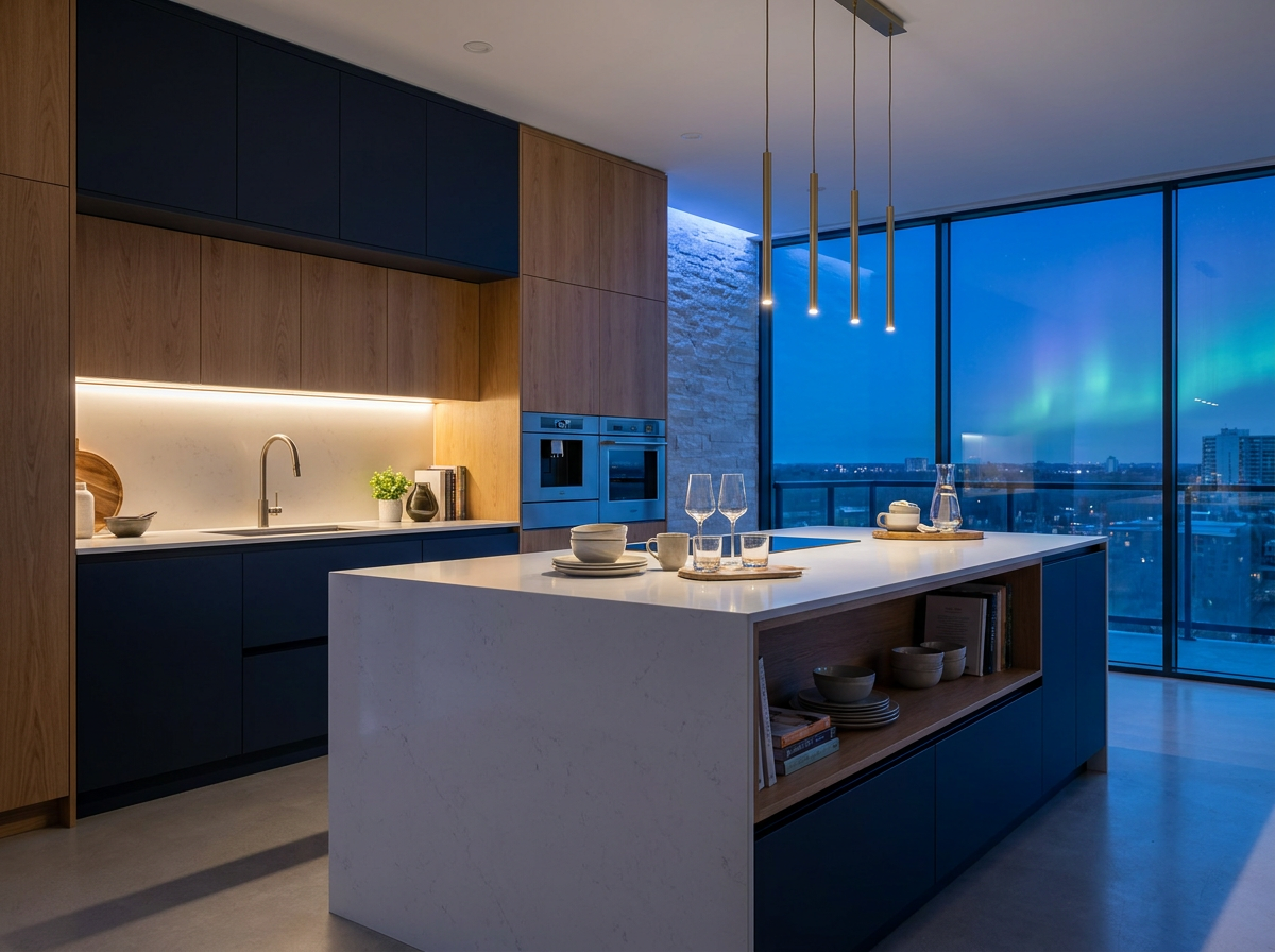 Contemporary navy and oak kitchen with a quartz island, designed by Borealis