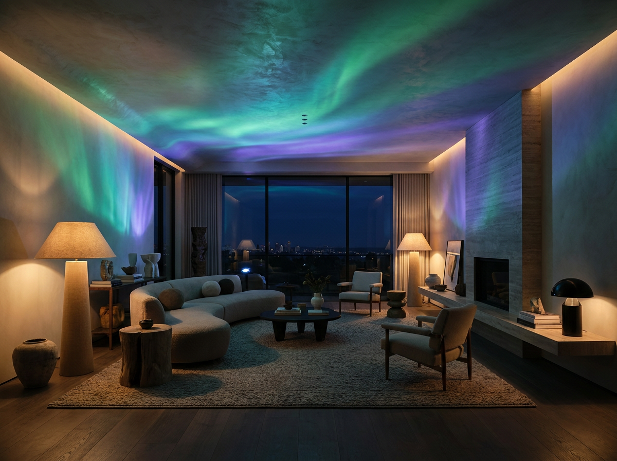 Living room with aurora-inspired layered lighting by Borealis